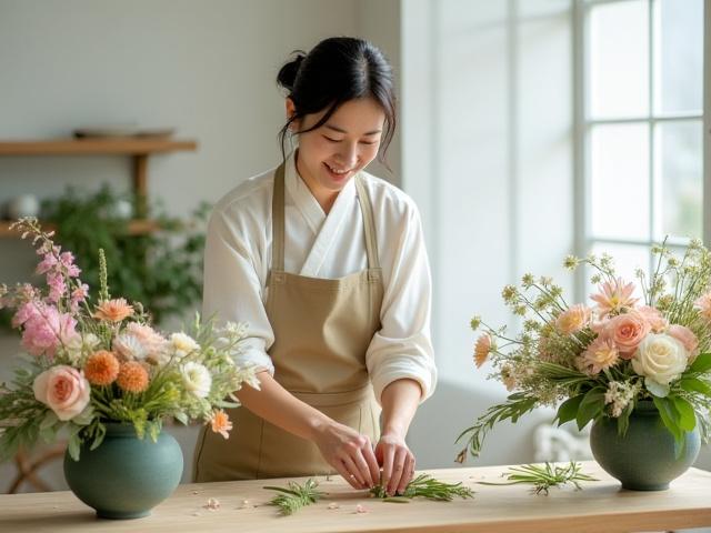 風の花の創業者が花に囲まれ、情熱的に花束を作る様子