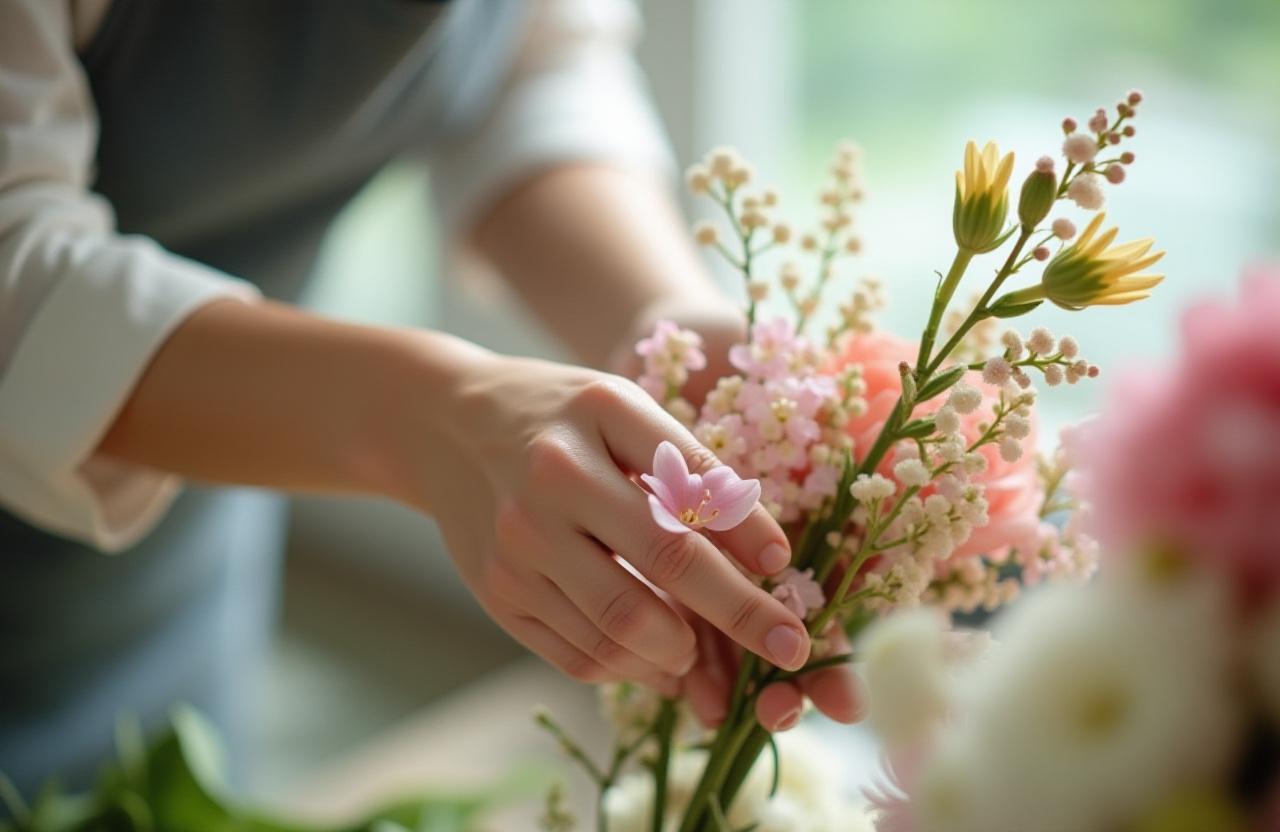 職人の手による繊細な花のアレンジメント