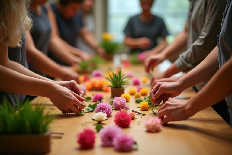 Kazenohanaのフローラルケアワークショップ。参加者が真剣な表情で花を生けている様子。